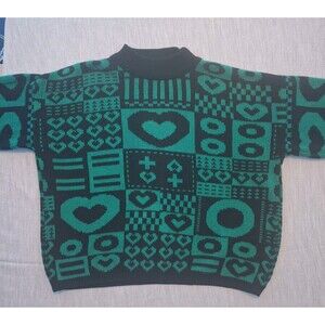 VINTAGE UGLY CHRISTMAS SWEATER 90s Black Green Geometric Hearts Knit Mock Neck L